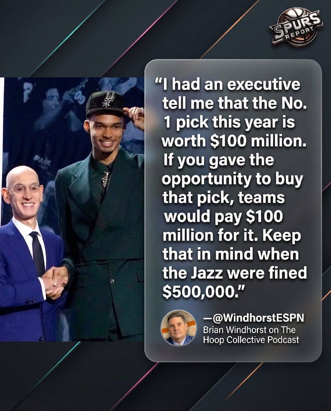 文霍斯特说，一些高管认为，状元签是价值1亿美元的资产，所以当NBA因为摆烂只罚款