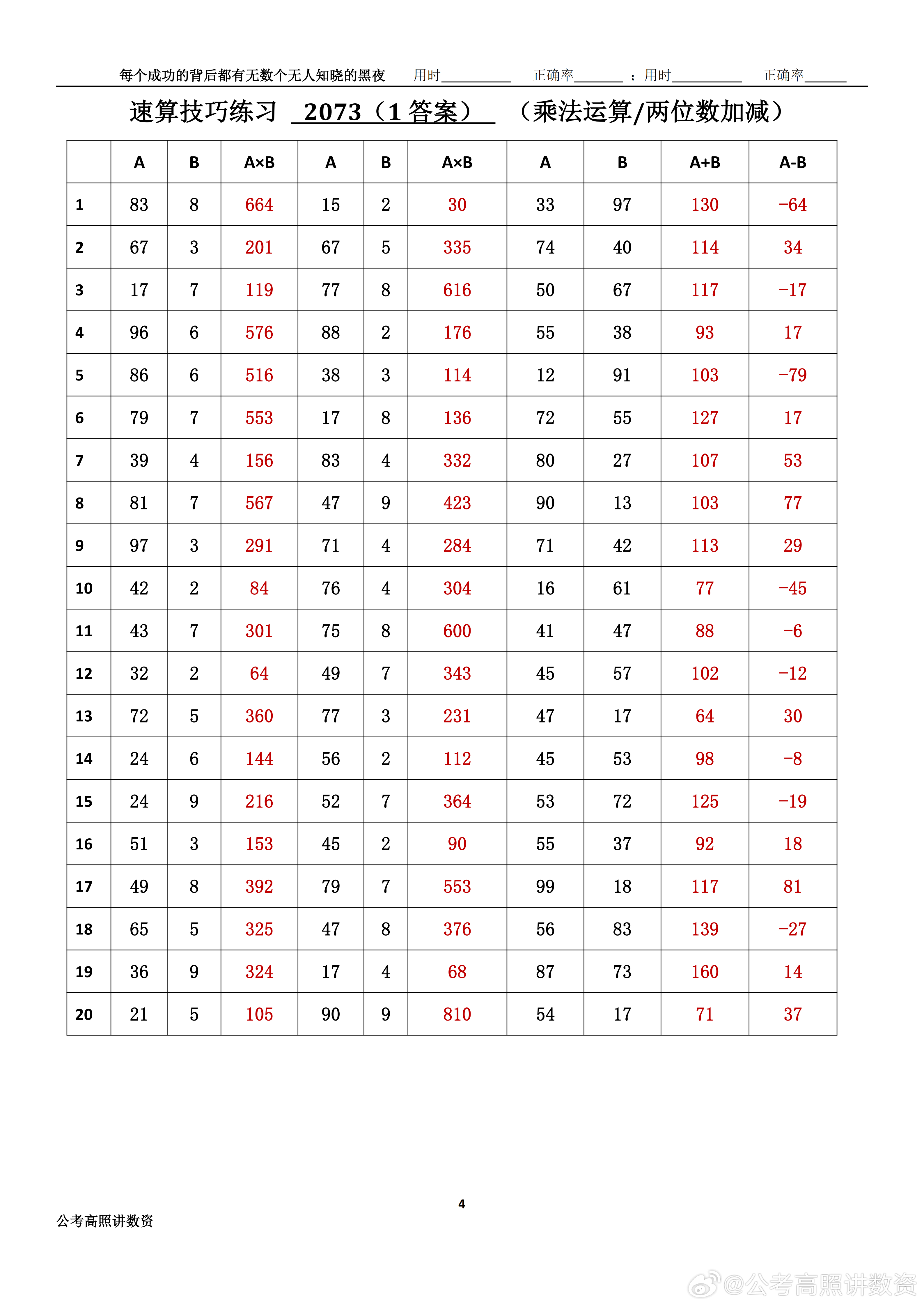 跟着高照练速算决战公考  速算练习2073相信自己，努力学习。速算链接汇总：网页