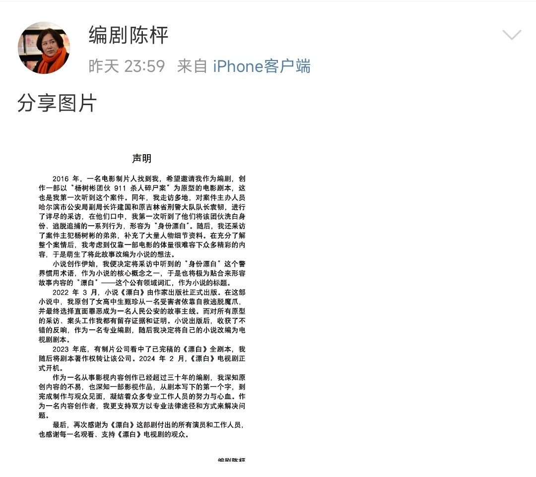 爱奇艺漂白编剧回应抄袭 漂白编剧声明中写到:“作为一名内容创作者，我更支持双方以