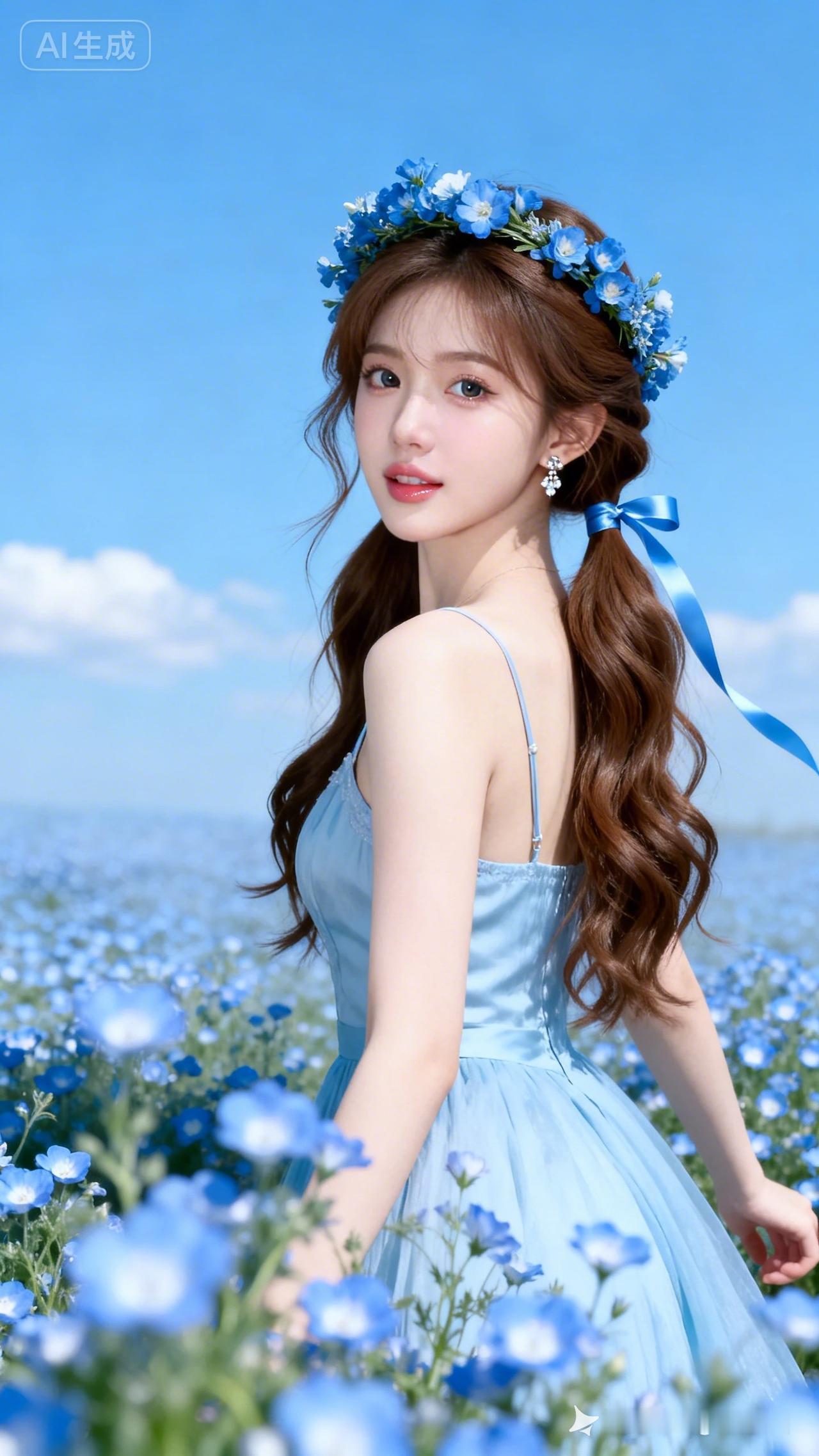 18岁少女冷白皮似陶瓷，棕长卷配蓝色花环与丝带，淡蓝吊带长裙纯欲灵动。侧身回眸俏