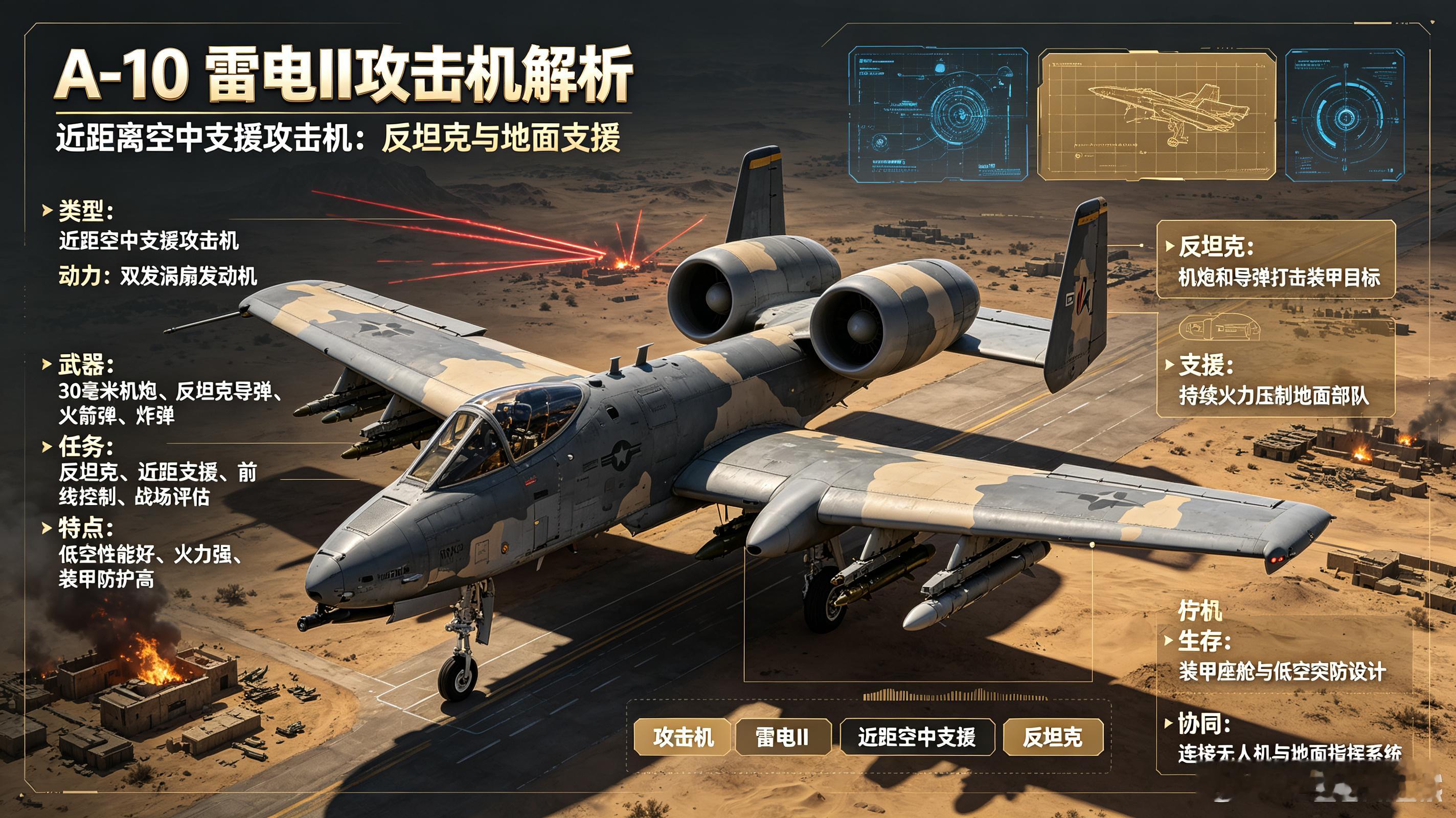 A-10雷电II，美军近距离空中支援攻击机。平直机翼和双发发动机强化低空性能，3