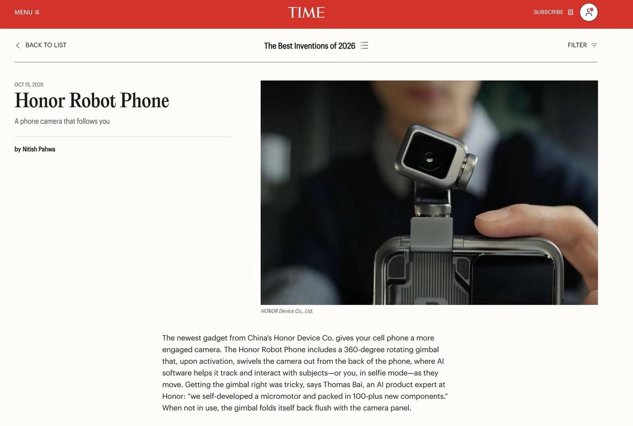 荣耀Robot Phone入选《时代周刊。近日，《时代周刊》发布 2026 年度