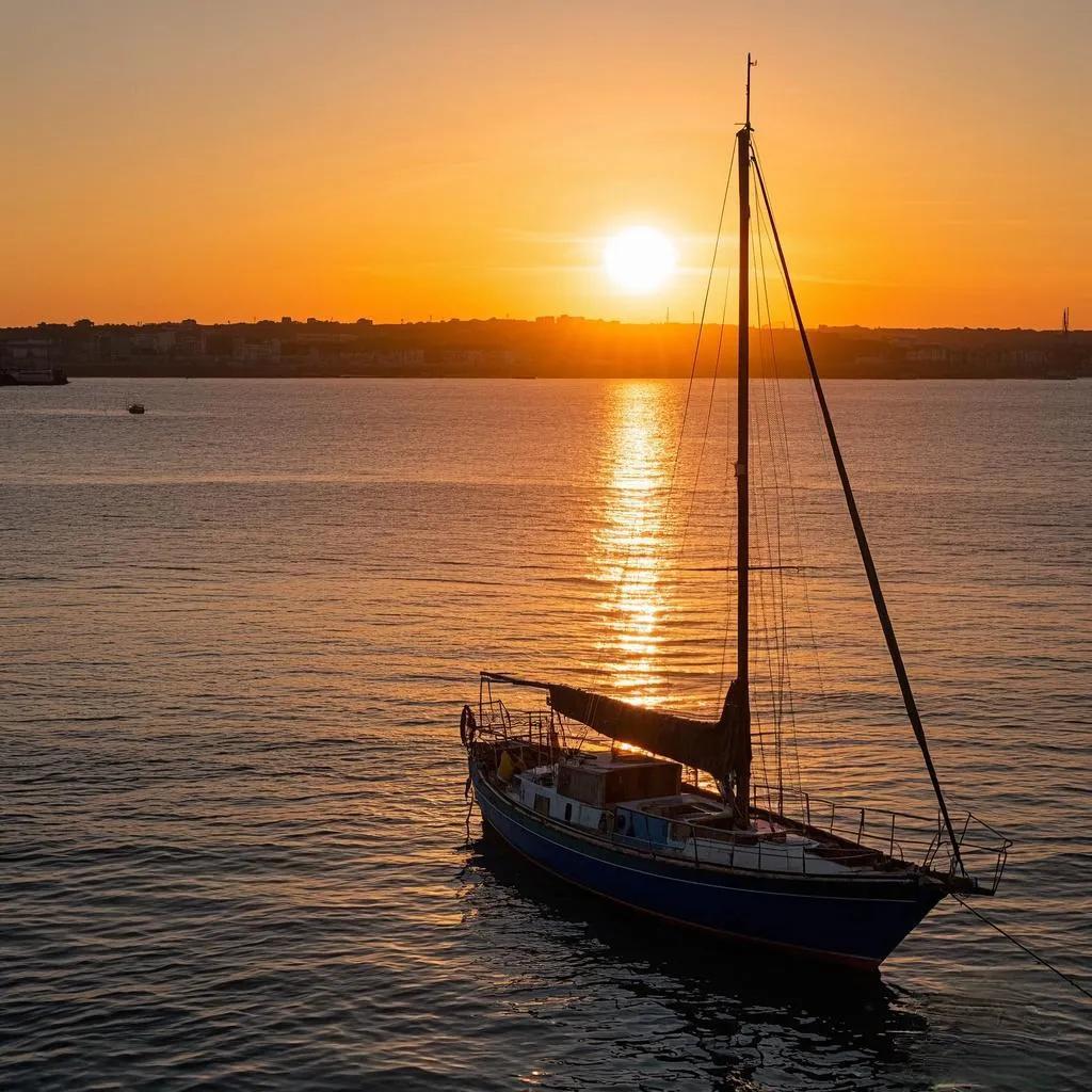 临江仙·港湾夕照
睌照熔金波潋滟，粼粼碎影摇光。港湾深处系归航。旧帆垂暮色，岁月