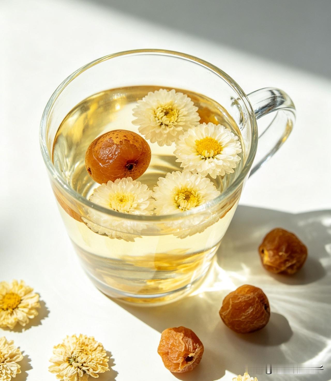 夏日养生小搭配

天越来越热容易上火，试了个简单茶饮：1颗桂圆肉配6朵菊花。
