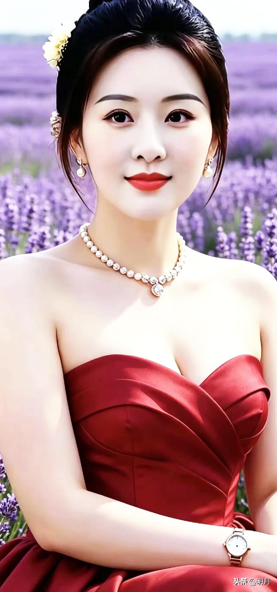 紫色花海中的优雅红衣女子，尽显浪漫与高贵。