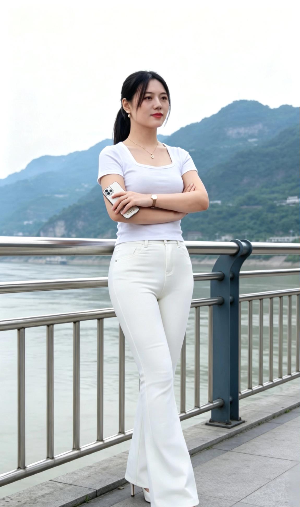 标题：江畔佳人
 
谁能抵挡这般出众的气质！三十四五岁的女子自带成熟韵味，容貌端