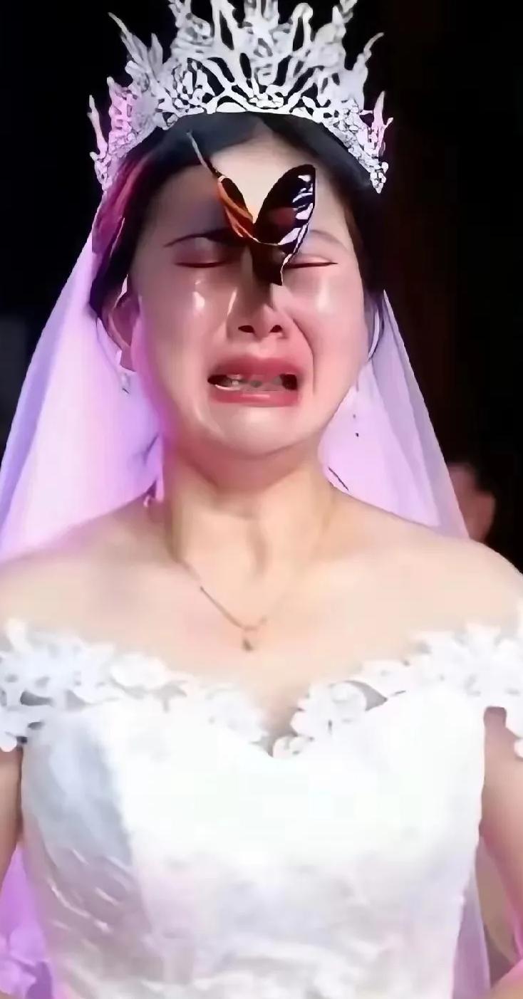 泪奔，看哭了，女子结婚当日，突然飞来一只蝴蝶，不偏不倚正好落在女子脸上，女子哭着