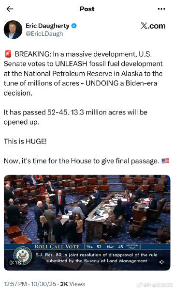 突发新闻：美国参议院投票通过一项重大决议，将阿拉斯加国家石油储备区数百...