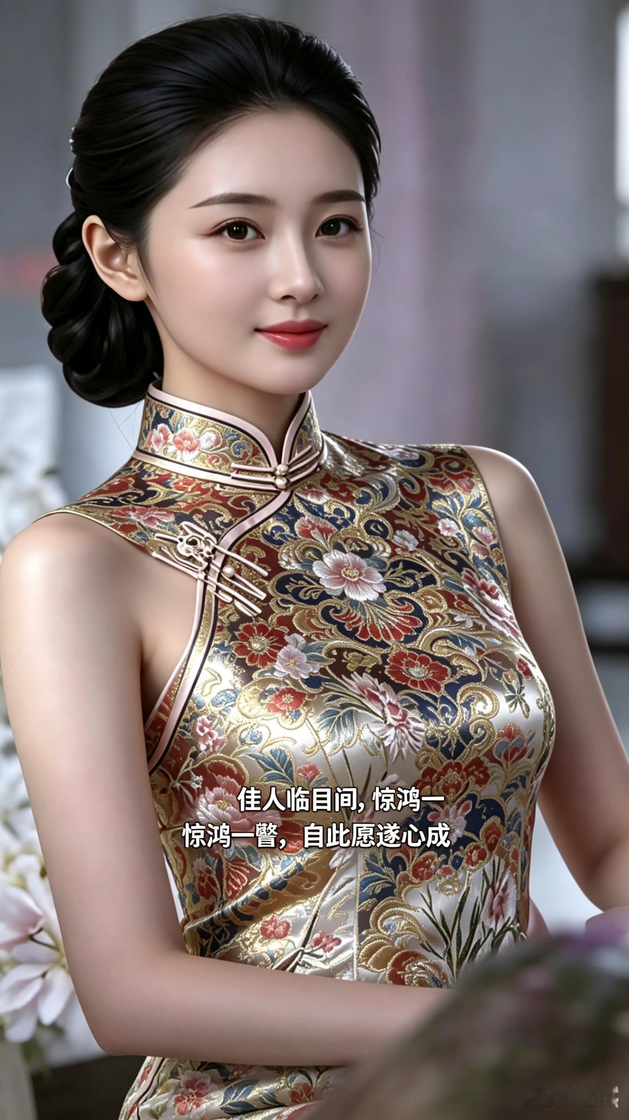 旗袍佳人
锦缎繁花绣丽裳，温婉娇颜韵悠长。
胸前妙语含吉意，一睹红颜百事祥。
墨