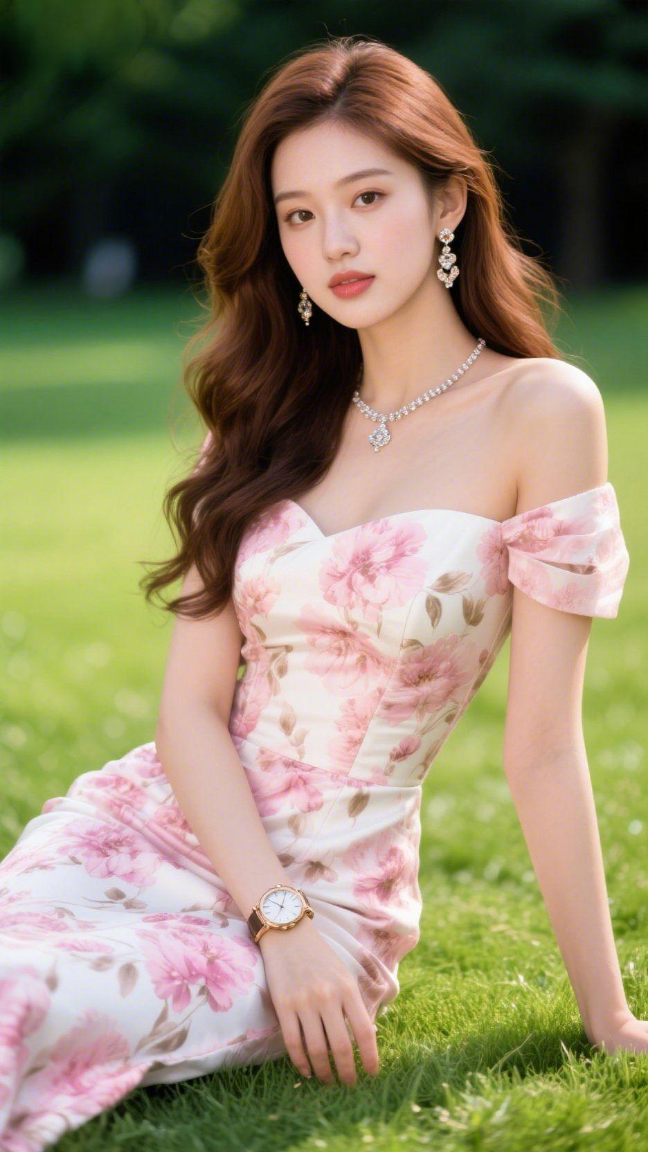 繁花入裙裾
 
嫩草如茵的绿意里，一袭粉花长裙揉进了春日的温柔。裙身的繁花似枝头