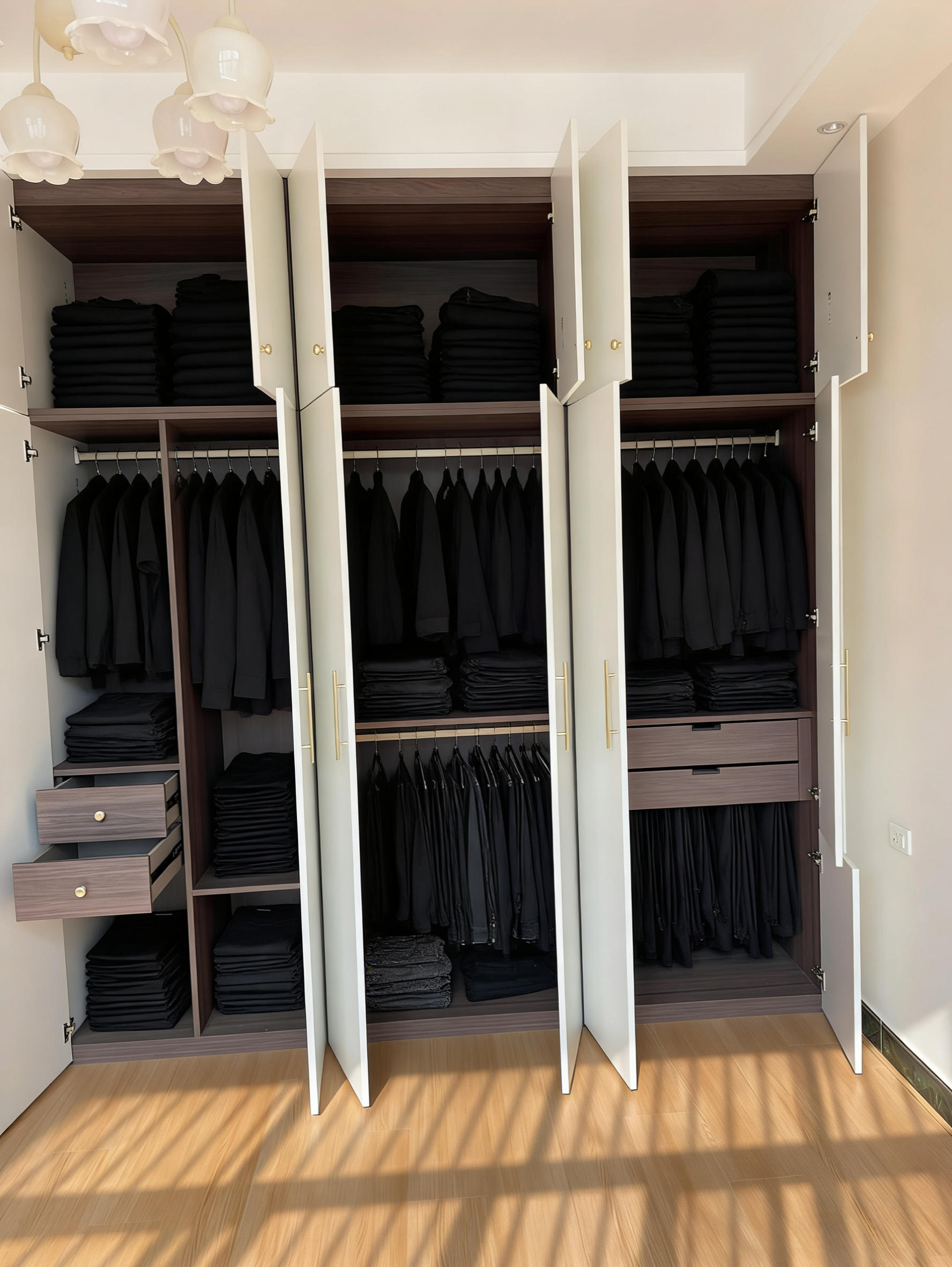 李现的衣柜打开，感觉是这样的，好奇到底有多少黑衣服黑裤子（注:此图为AI） 