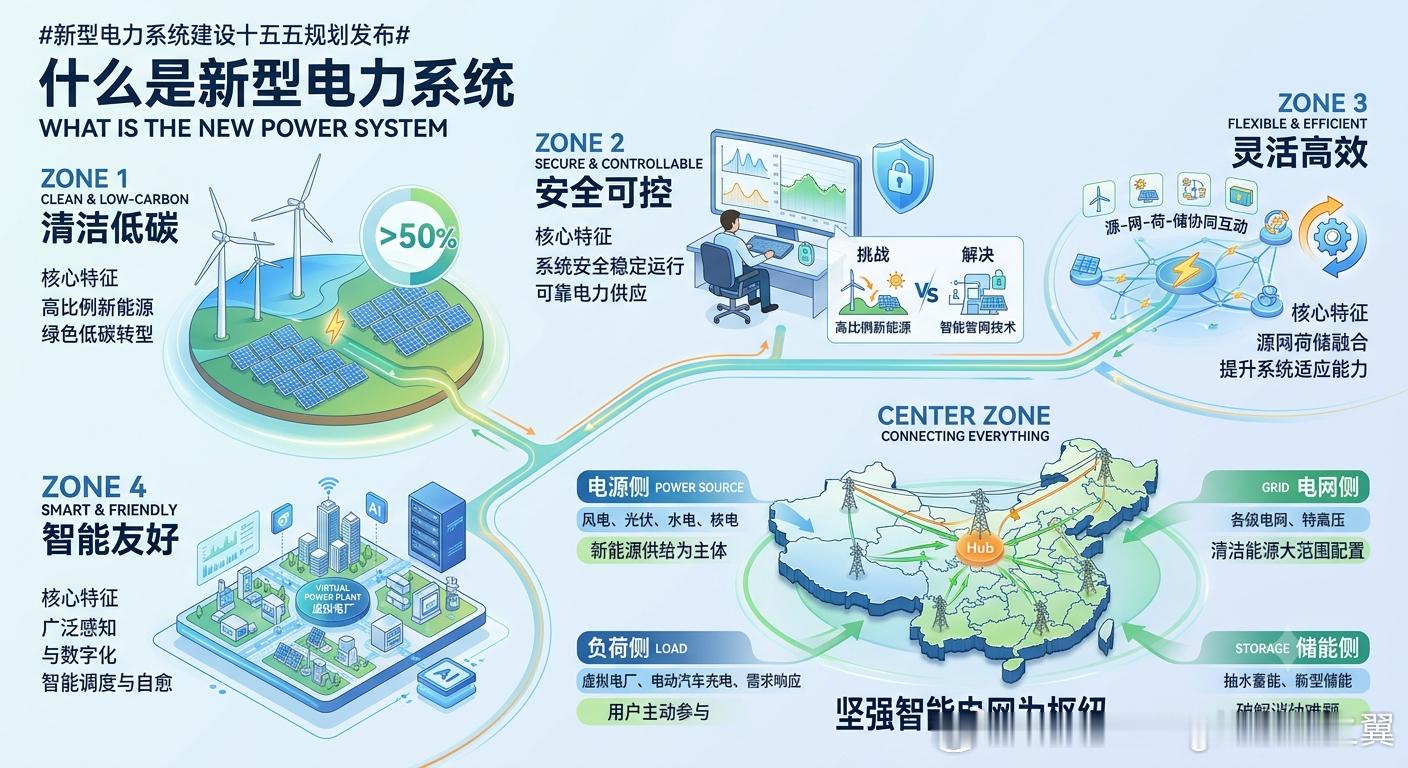 新型电力系统建设十五五规划发布  新型电力系统说白了，就是为了实现国家“双碳”目