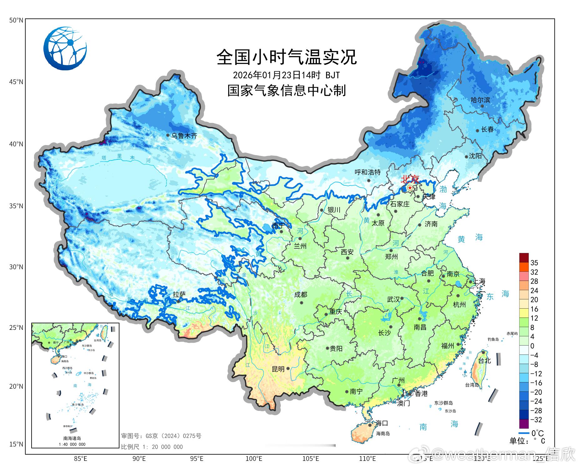 【升温】今天冷空气影响处于间歇期，我国大部地区在光照加热下，气温回升。尤其是昨天