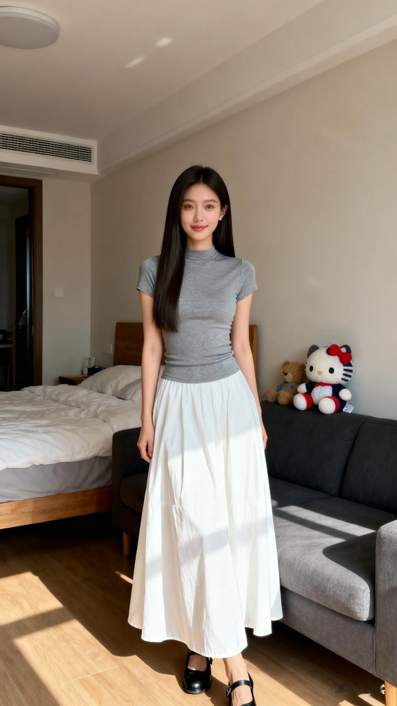 简约优雅，灰色短袖搭配白色长裙，清新自然。