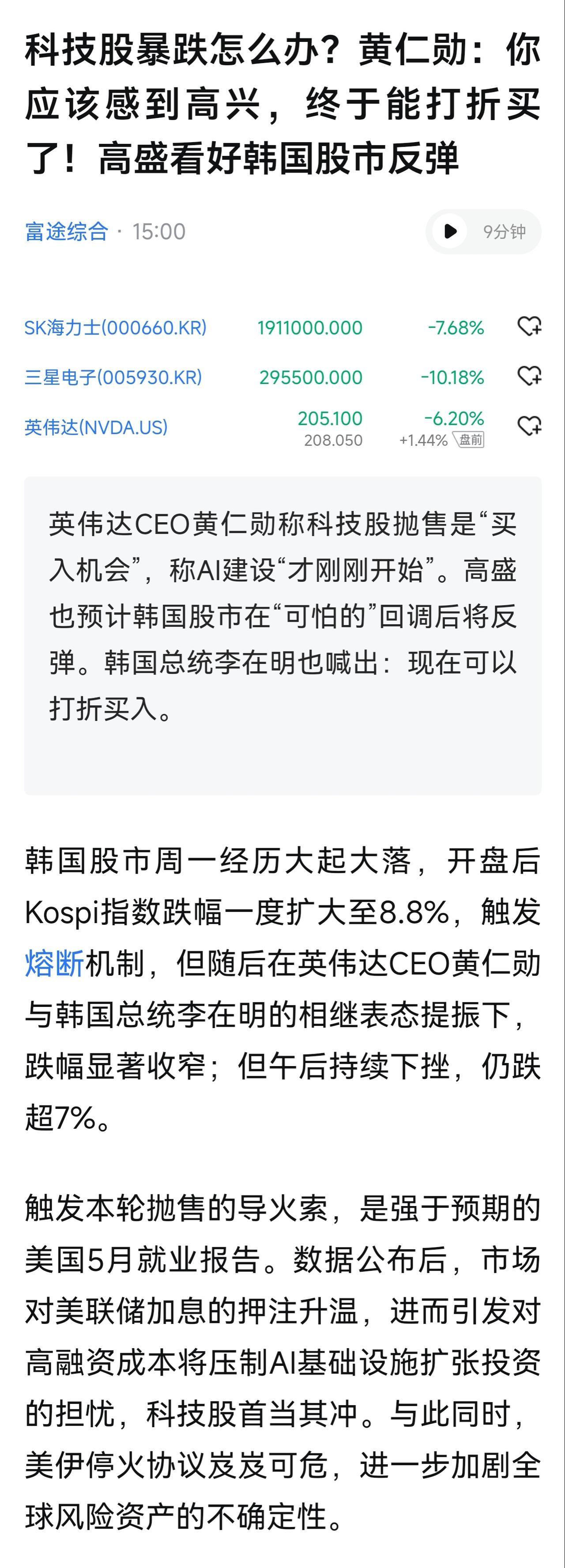 哪有不流血的战场？这点痛算什么。黄仁勋说终于能打折买了。我预测今晚美股就会大幅反