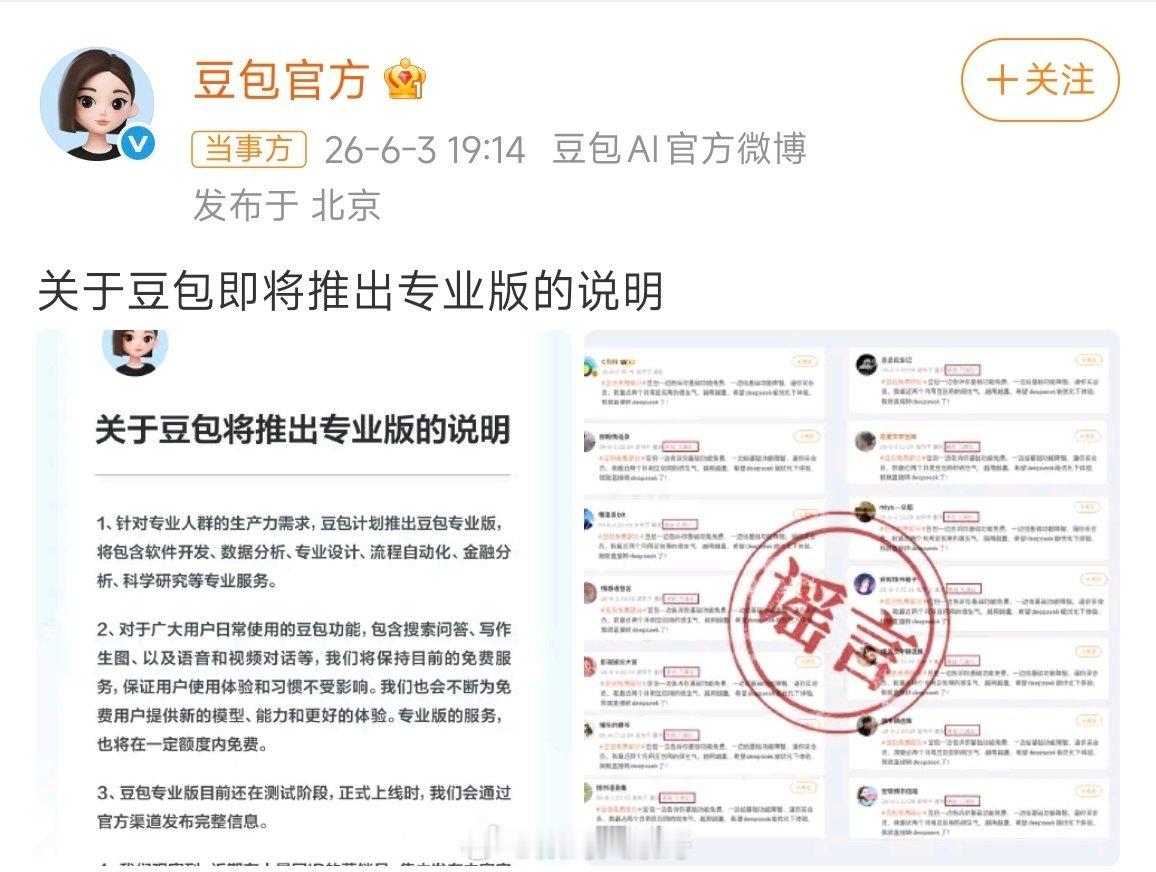 豆包将推专业版，覆盖编程、科研等生产场景，基础功能保持免费，豆包专业版目前还在测