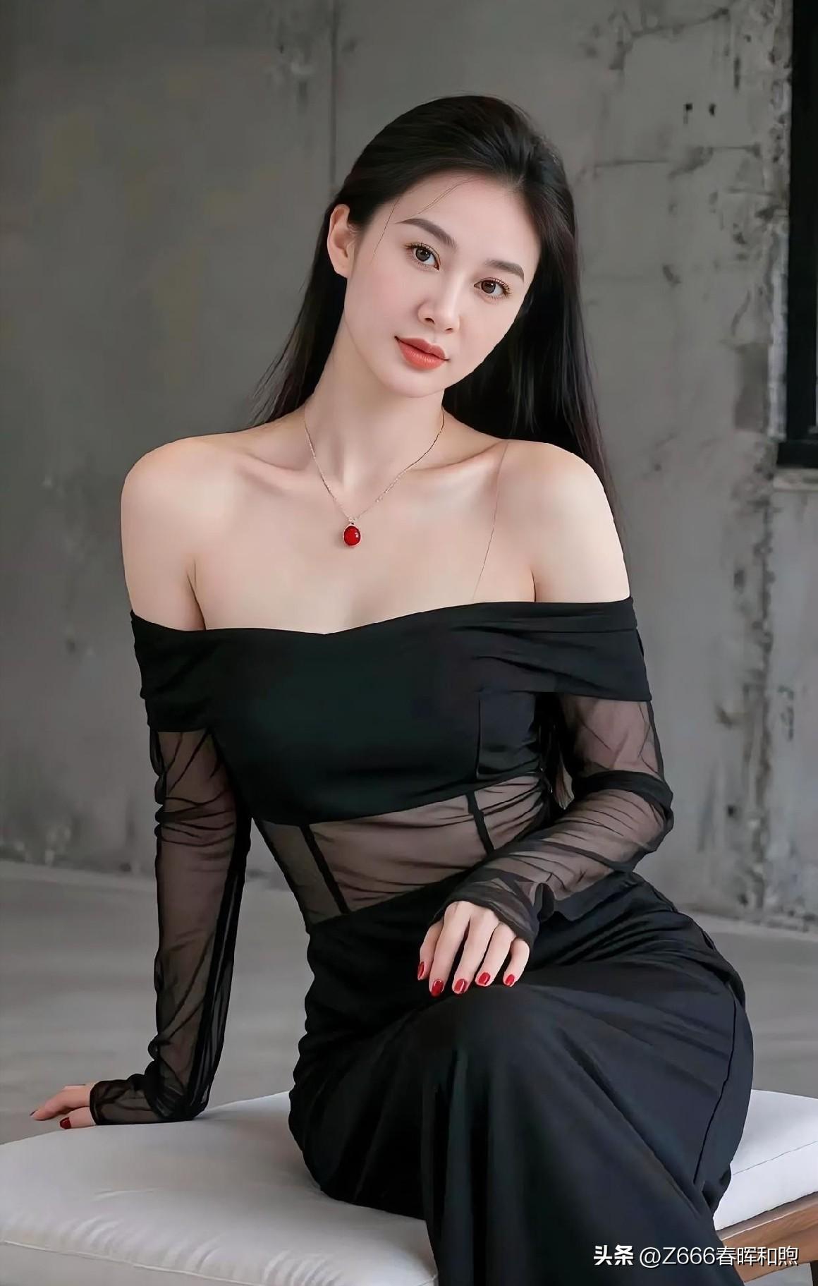 素黑纱衣凝露含烟，颈间一点朱砂似焰。她端坐静穆，眸光沉静，将幽暗背景晕染成一幅极