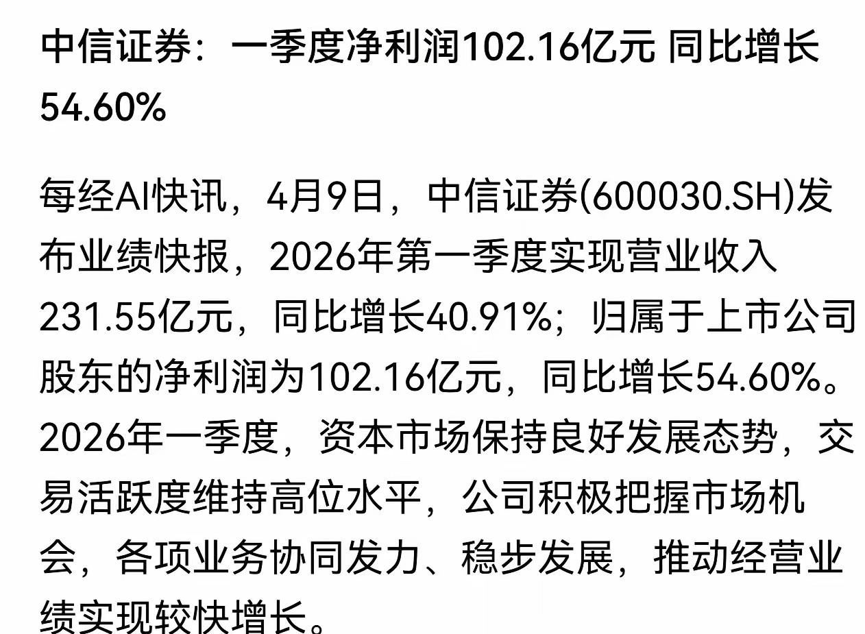 【券商龙头业绩爆火[烟花][烟花][烟花]】中信证券一季度净利润再创新高，全年4