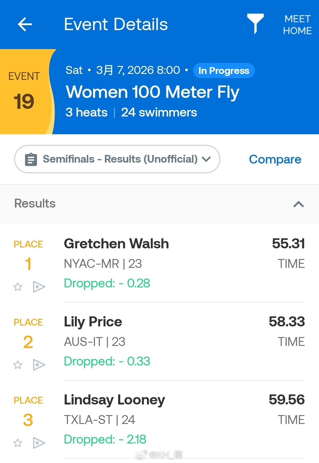 美国游泳系列赛维斯蒙特站 女100蝶半决赛小沃 55.31 看看决赛会不会54+