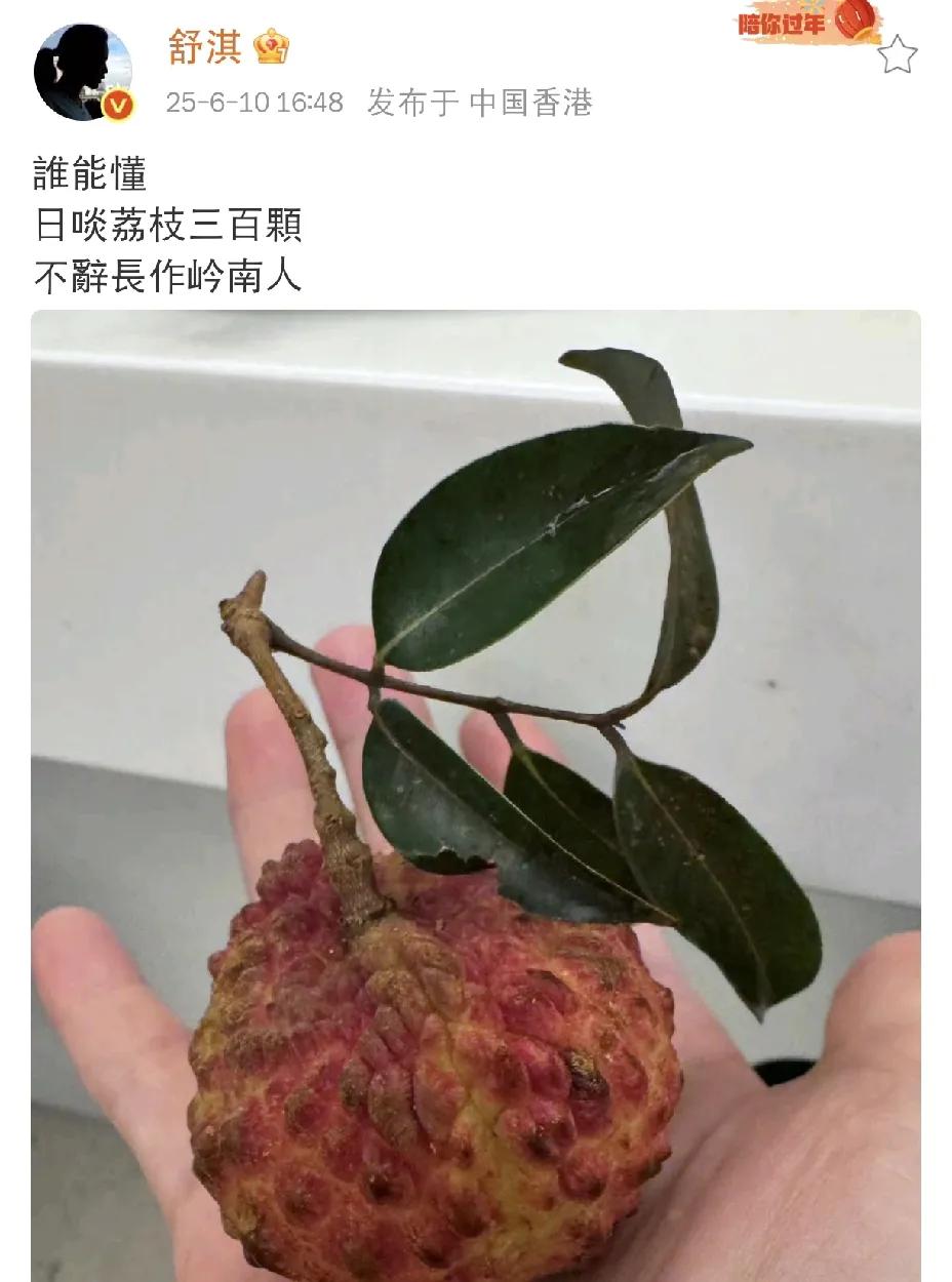 舒淇，太满足了！

今天下午，舒淇在社交平台晒图发文，配文苏轼名句"日啖荔枝三百