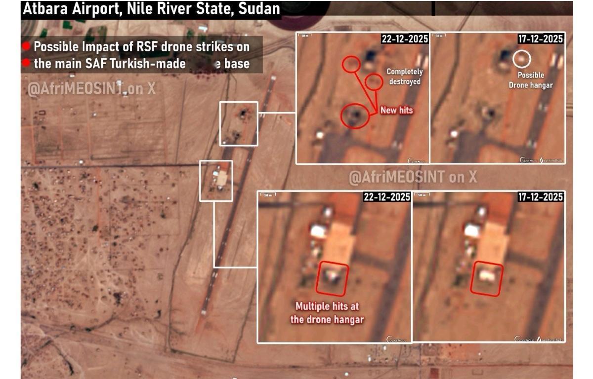 12月18日苏丹武装部队在尼罗河阿特巴拉机场的主要无人机基地遭到了快速支援部队无