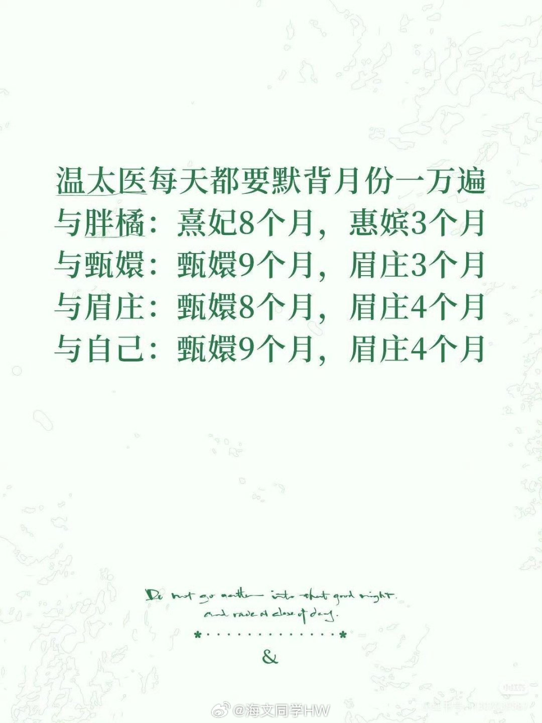 温太医每天都要背一万遍月份自己记得真的，对胖橘都少一个月，对甄嬛和眉庄说各自的真