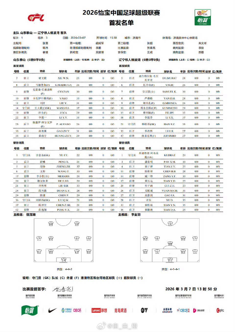 首发阵容，阿尔瓦罗出战！ 