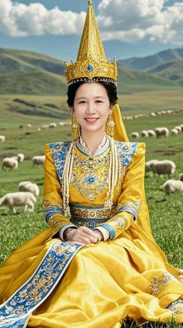站在广袤的草原上，裹着金黄的蒙古袍，抬头就是蓝天白云，风一吹袍角轻轻扬起来——这