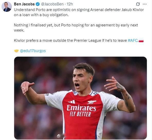 记者Ben Jacobs透露，波尔图对签下基维奥尔持乐观态度，交易形式为租借+买