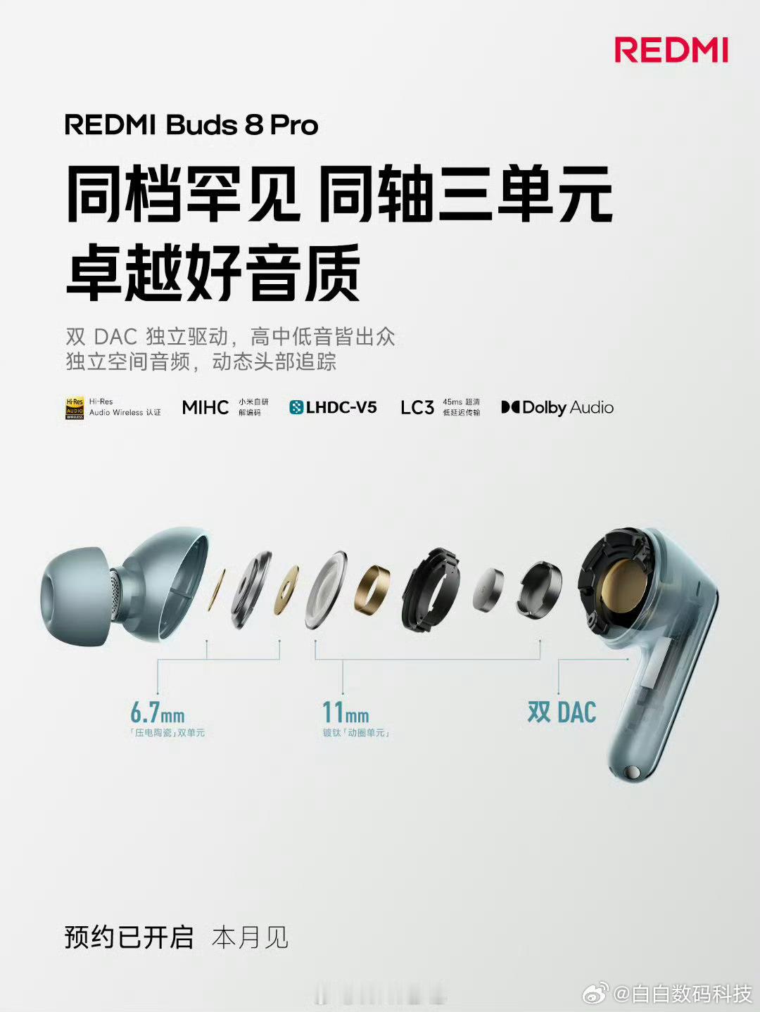 REDMI Buds 8 Pro 开始预热了，圈瓷同轴三单元，双 DAC，支持 