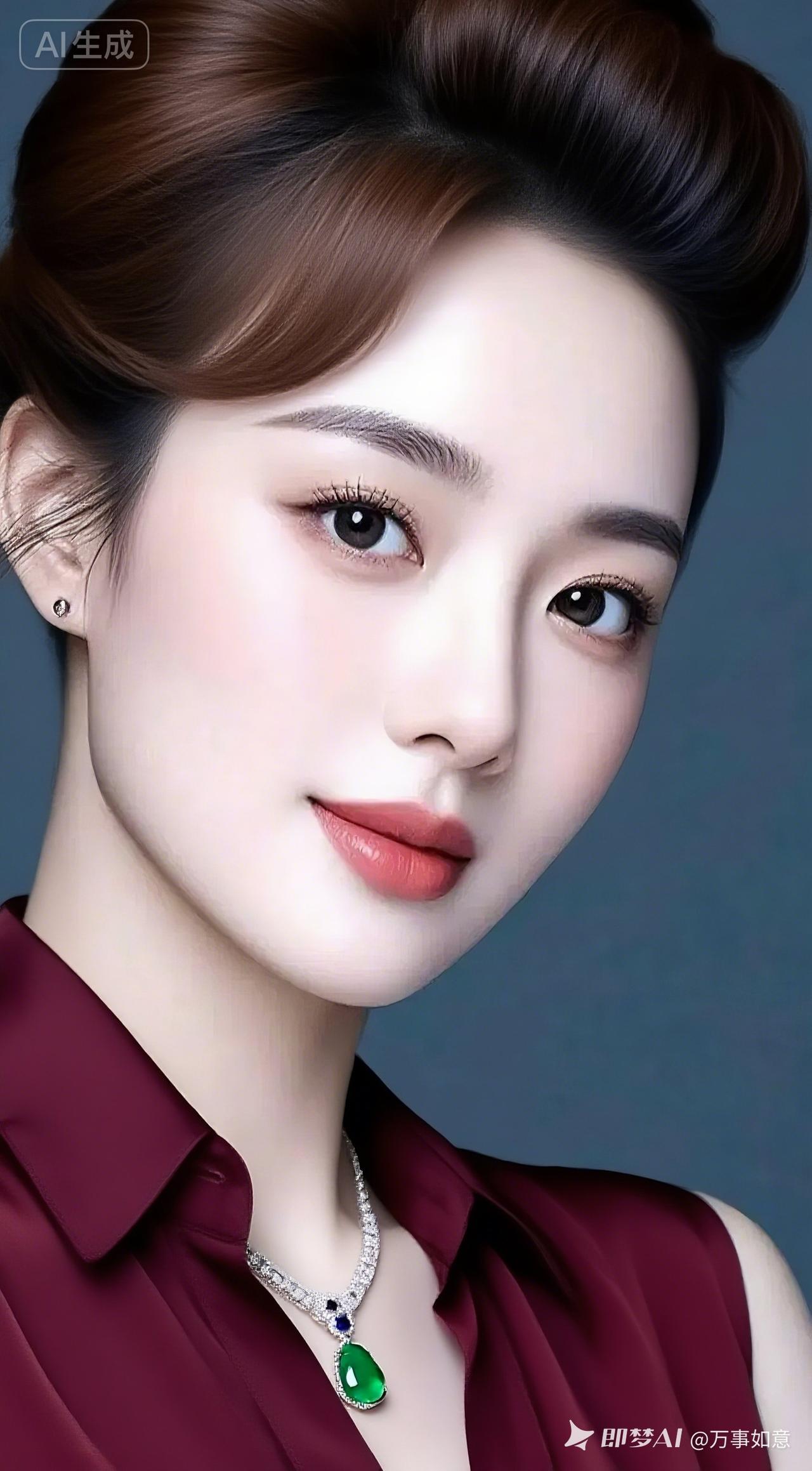 这位美女穿着红色衬衫，佩戴着漂亮的项链。