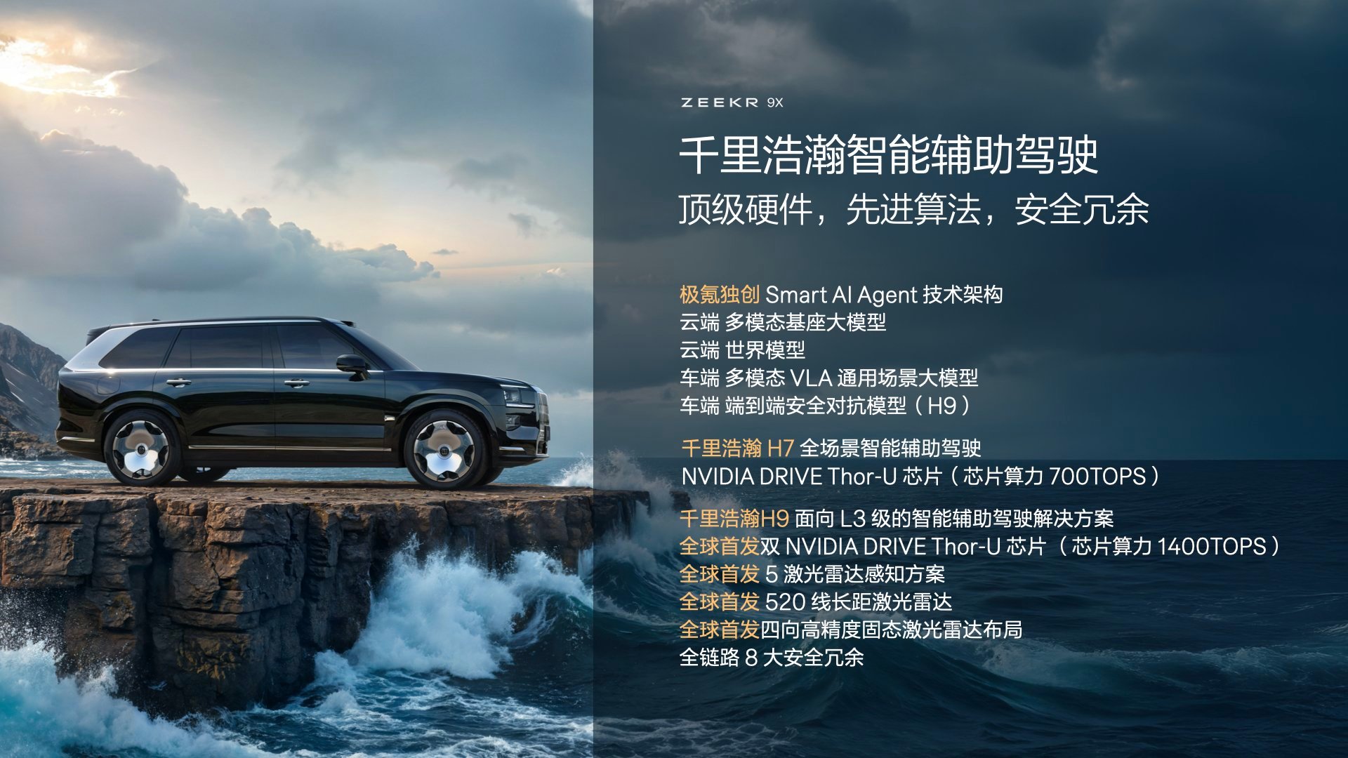 必须拥有一台极氪9X的理由极氪9X采用的千里浩瀚H9，采用的是五激光雷达感知方案