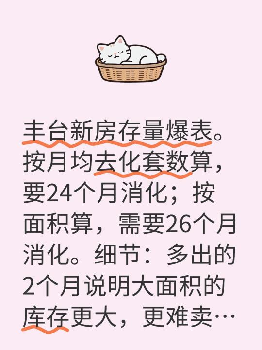 丰台新房存量爆表。按月均去化套数算，要24个月消化；按面积算，需要26...