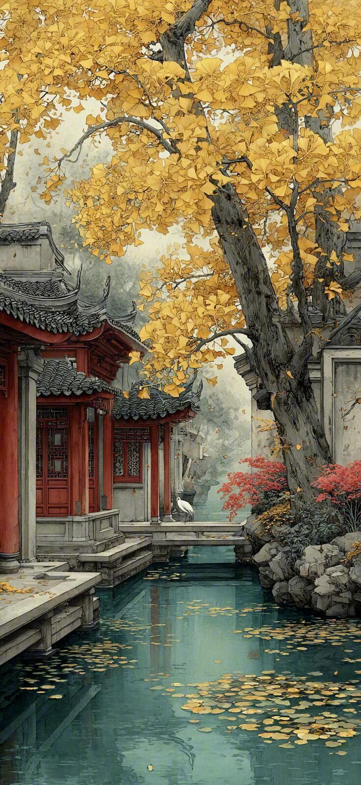 杏影绕曲廊，金叶满秋塘。 