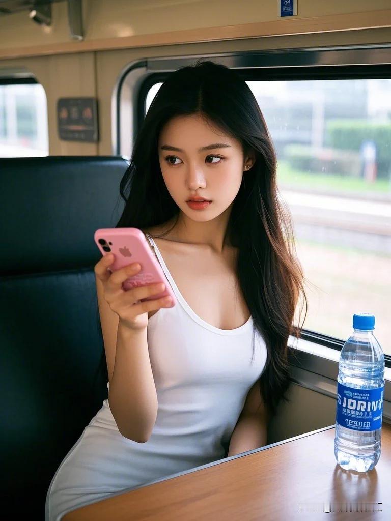 在高铁车厢的这方流动天地里，一位美女宛如春日盛绽的繁花，悄然吸引着众人的目光。