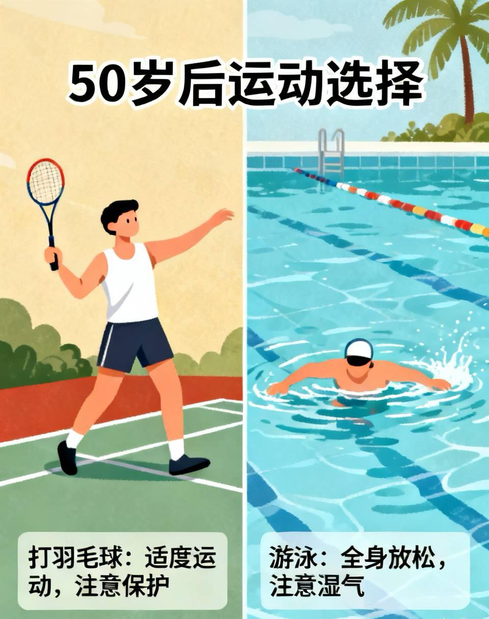 昨天和几个朋友在讨论，
年过了50以后，
到底是打羽毛球这个运动好，
还是游泳这