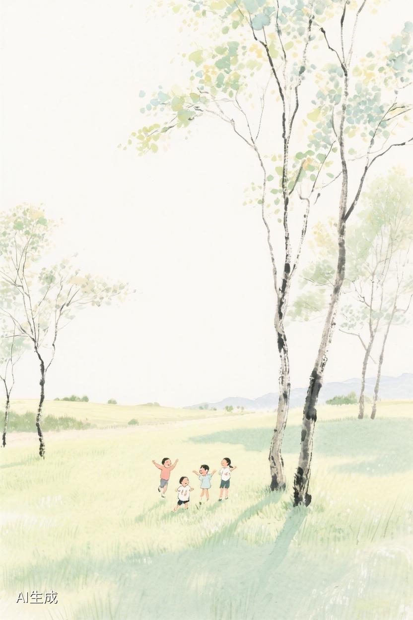 AI随心绘在绿意盎然的旷野，几缕清风摇曳树影，童年的欢乐如草尖露珠，晶莹闪烁✨