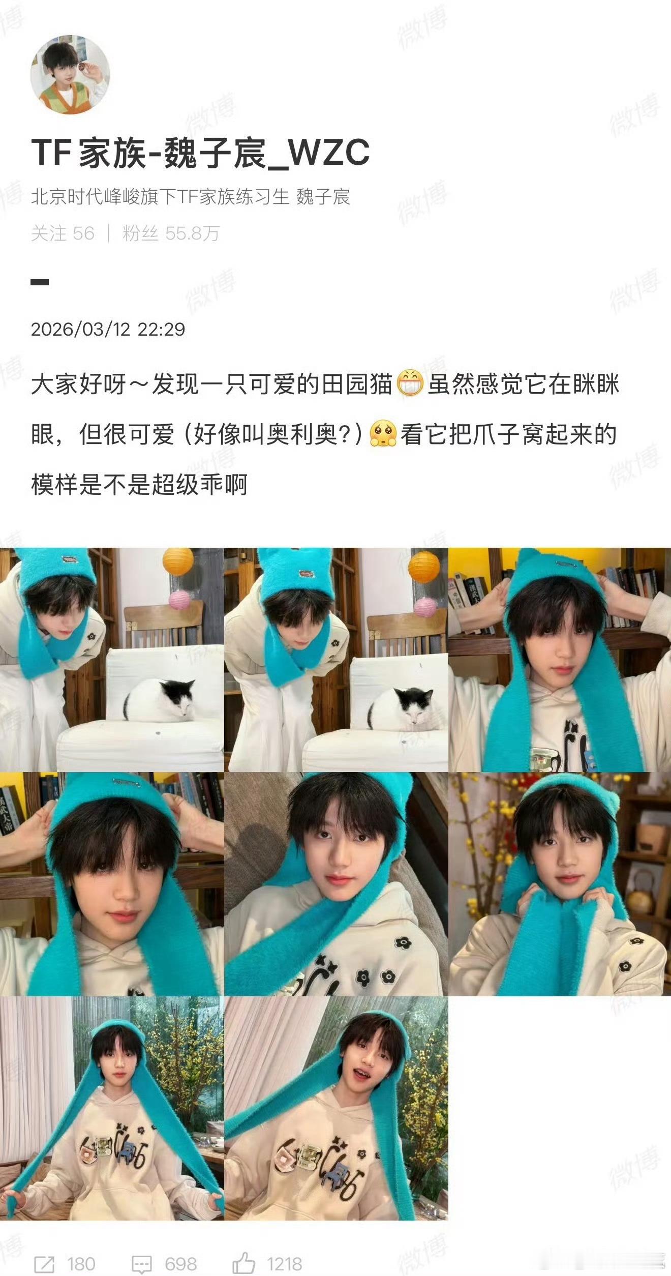 魏子宸晒猫魏子宸湖蓝帽子扛不住扛不住，怎么这么可爱捏 