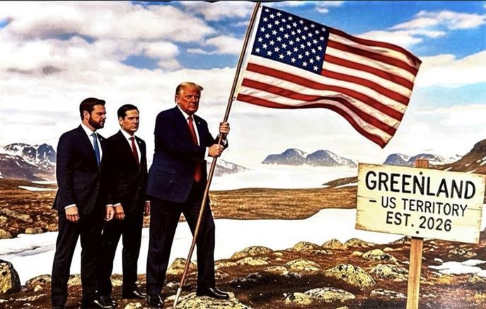 美总统发布其将国旗插上格陵兰岛的照片！
美国总统在真实社交上发布了一张人工智能图