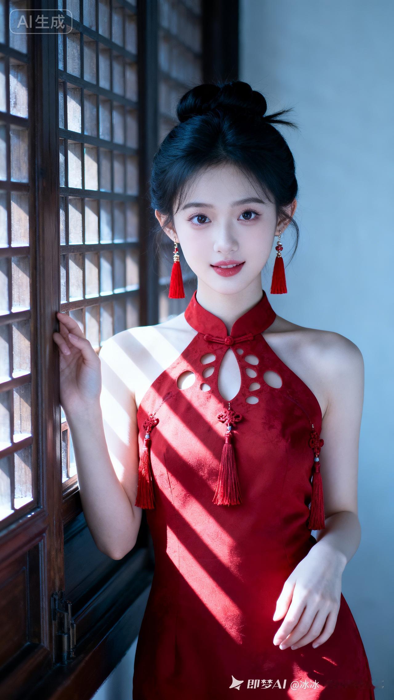 靓女黑发散挽盘发，红流苏耳饰雅致亮眼。身着镂空流苏红韵中式礼服，静立木格窗边，暖