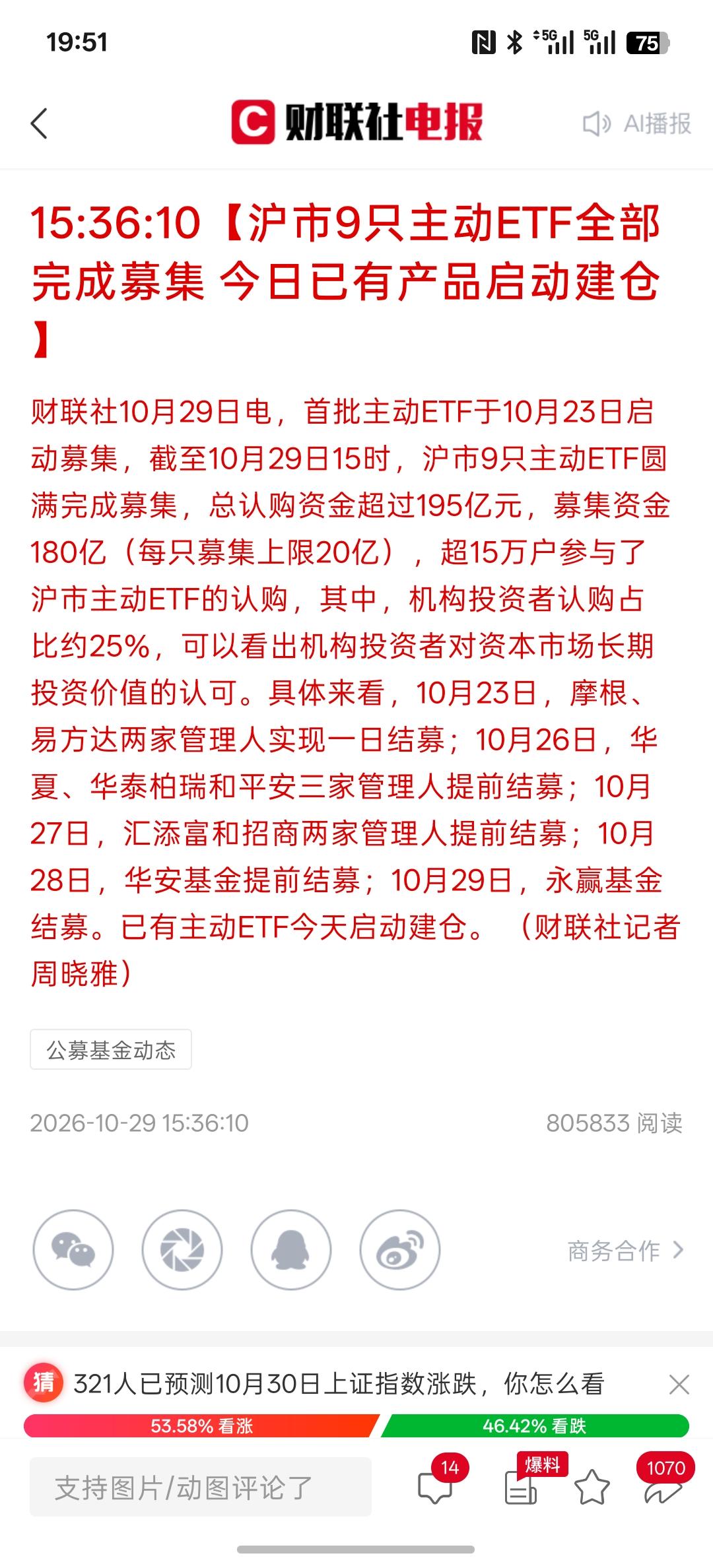 新发行的9只相关主动ETF已经完成募资，今天已经开始在建仓，今天尾盘又有大量的资