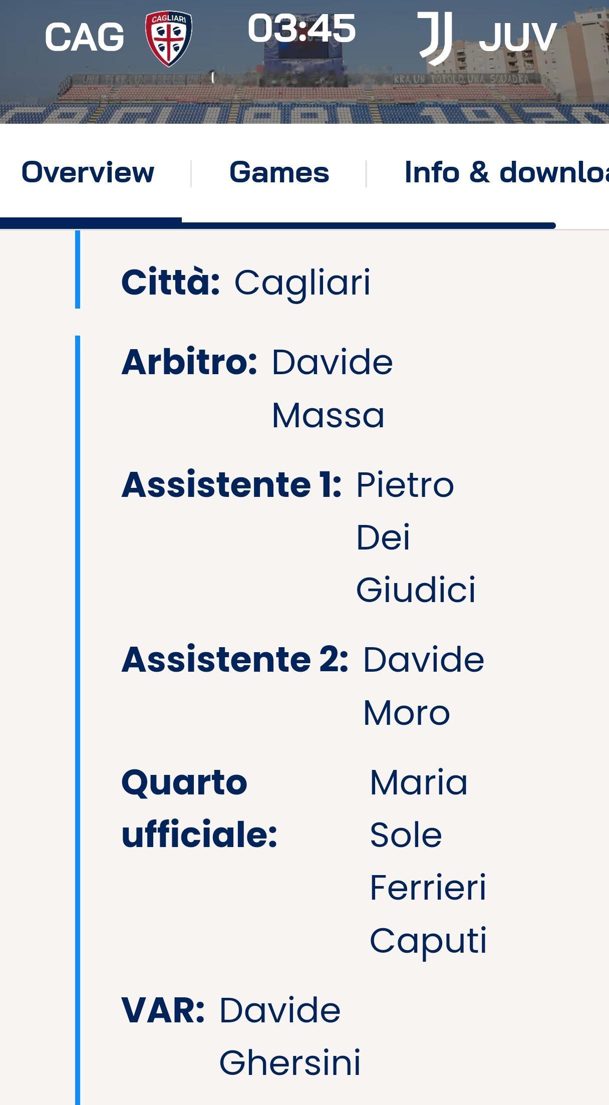 斑马军团意甲 第21轮周日03:45客场对阵卡利亚里。
主裁判:马萨
var裁判