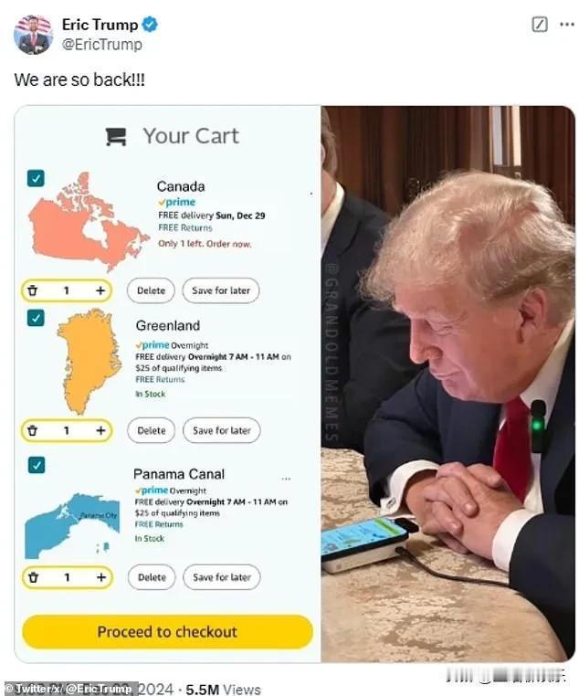 埃里克·特朗普公布了一张他父亲的购物车清单，明细包含加拿大、格陵兰岛和巴拿马运河