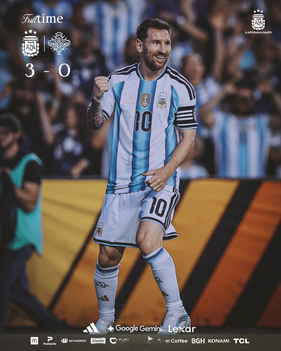 全场比赛结束，凭借巴尔科、梅西和阿尔马达的进球，阿根廷🇦🇷3-0击败冰岛🇮