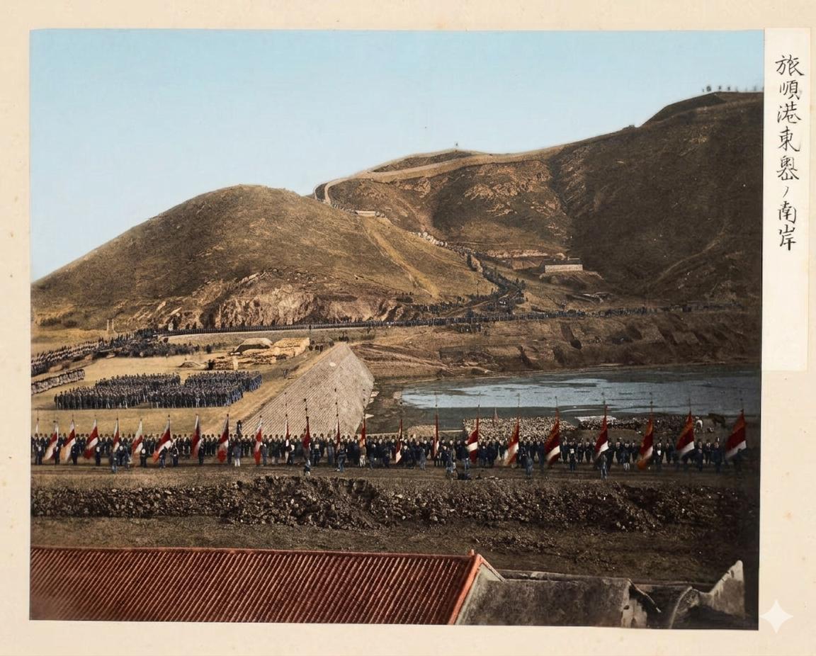 日占时期旅顺港，东澳南岸的日军武力炫耀。照片右侧日文标注“旅順港東澳ノ南岸”。