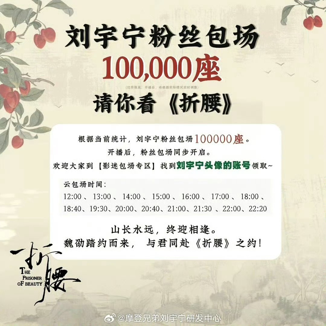 刘宇宁粉丝10w云包场 下午要干活没办法蹲抢云包场了，但今天《折腰》播出四集，真
