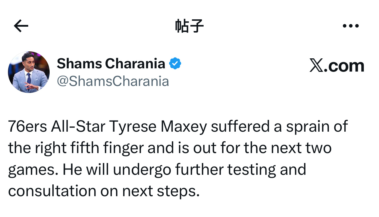 ESPN记者Shams表示，“费城76人队球星泰雷斯·马克西遭遇右手无名指扭伤，