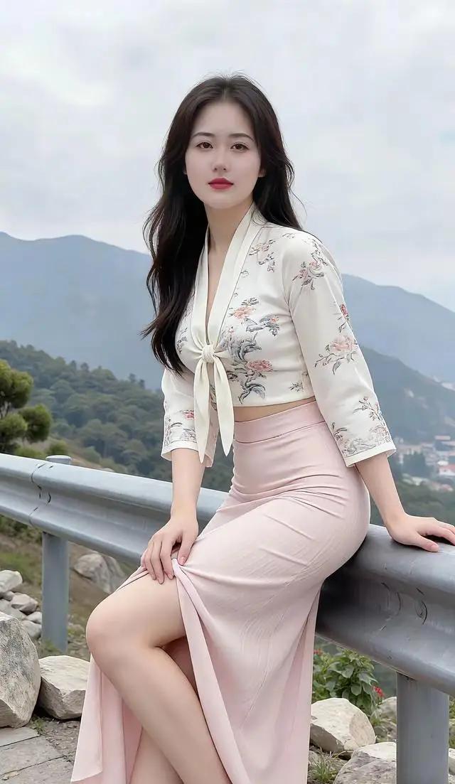 在山间小路上，优雅地倚靠栏杆，感受自然的宁静与美好。