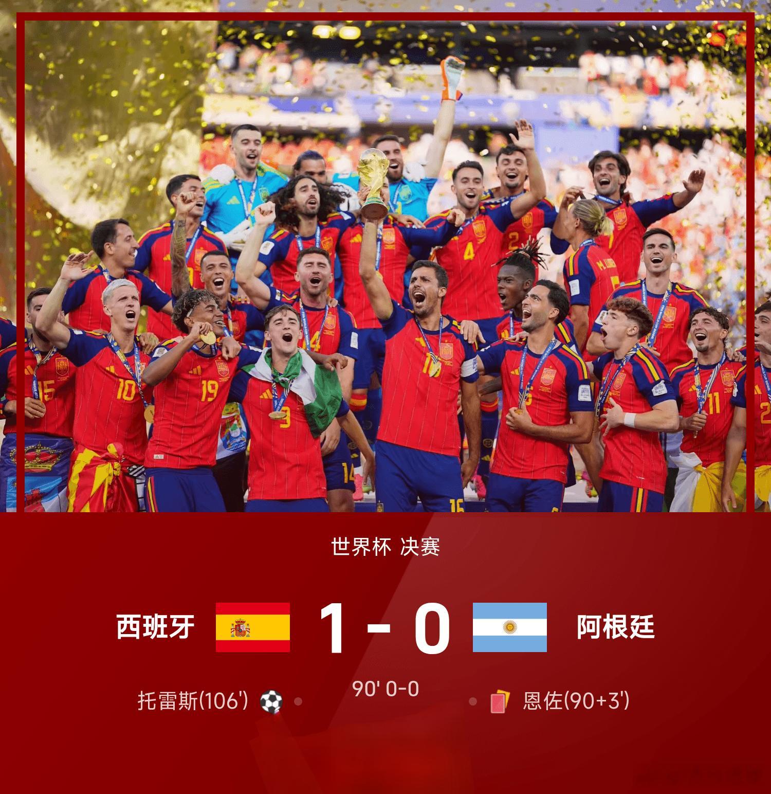 世界杯-西班牙加时1-0阿根廷夺冠 费兰绝杀恩佐染红北京时间7月20日凌晨3点整
