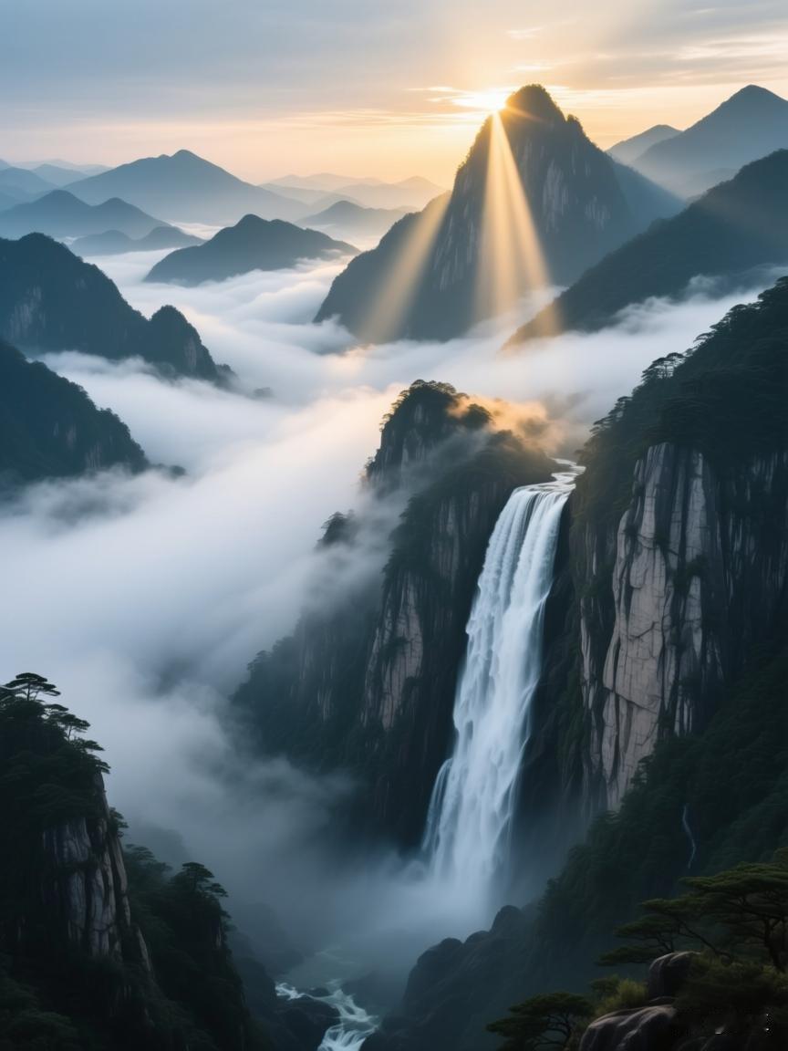 作者加速成长计划我趁着周末进了趟山，清晨的云海翻涌在群峰之间，瀑布从崖壁上飞流直